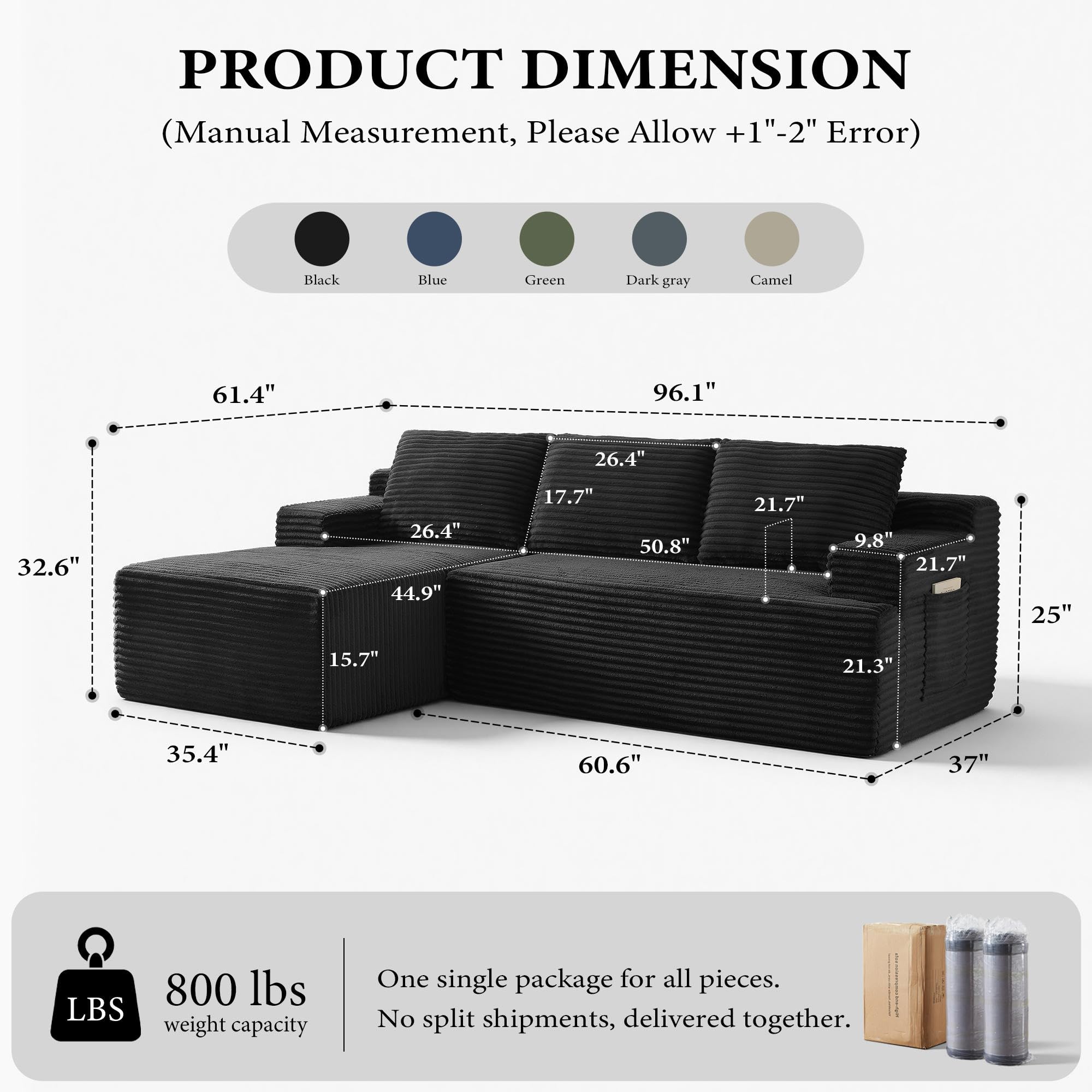 96-Inch L-Shaped Modular Corduroy Sofa with Chaise, Moderate Deep Seat, Vacuum-Packed, No-Assembly Indoor Furniture for Apartments & Condos