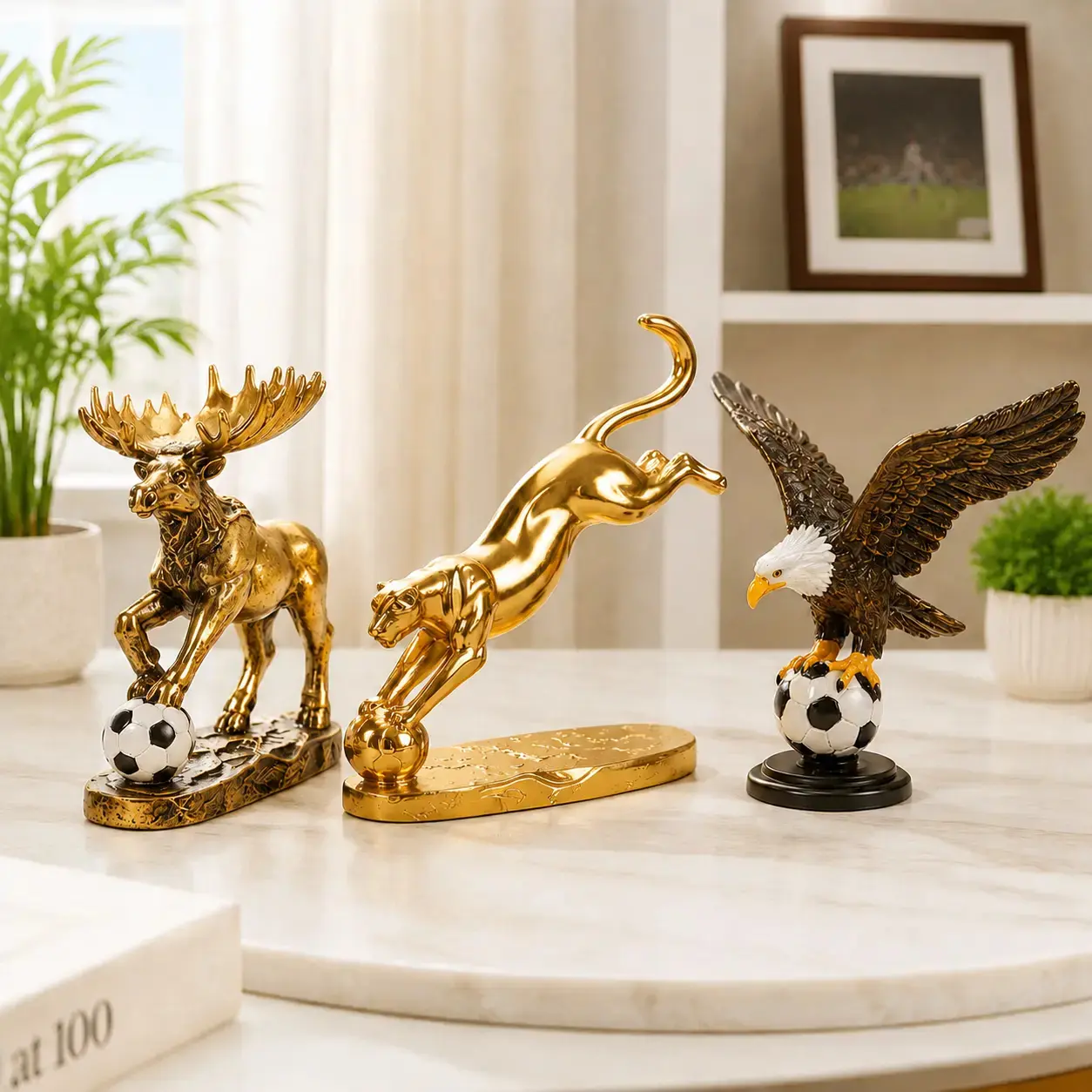 Golden Animal Soccer Figurine Resin Statue — Reindeer, Leopard & Eagle Decorative Ornament — Symbolic Wildlife Desktop Decor — Home & Office Display Piece
