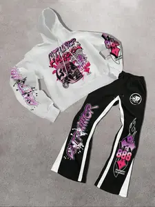 Trendy Street Style Hoodie Set, Skull Letter Graffiti Print, Loose Fit, Casual Fall & Winter Wear, Daily