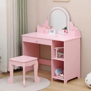 Kids Vanity with Lighted Mirror & Stool, Little Girls Vanity with Adjustable LED Light, Storage Drawer & Shelves for Girls 3-9