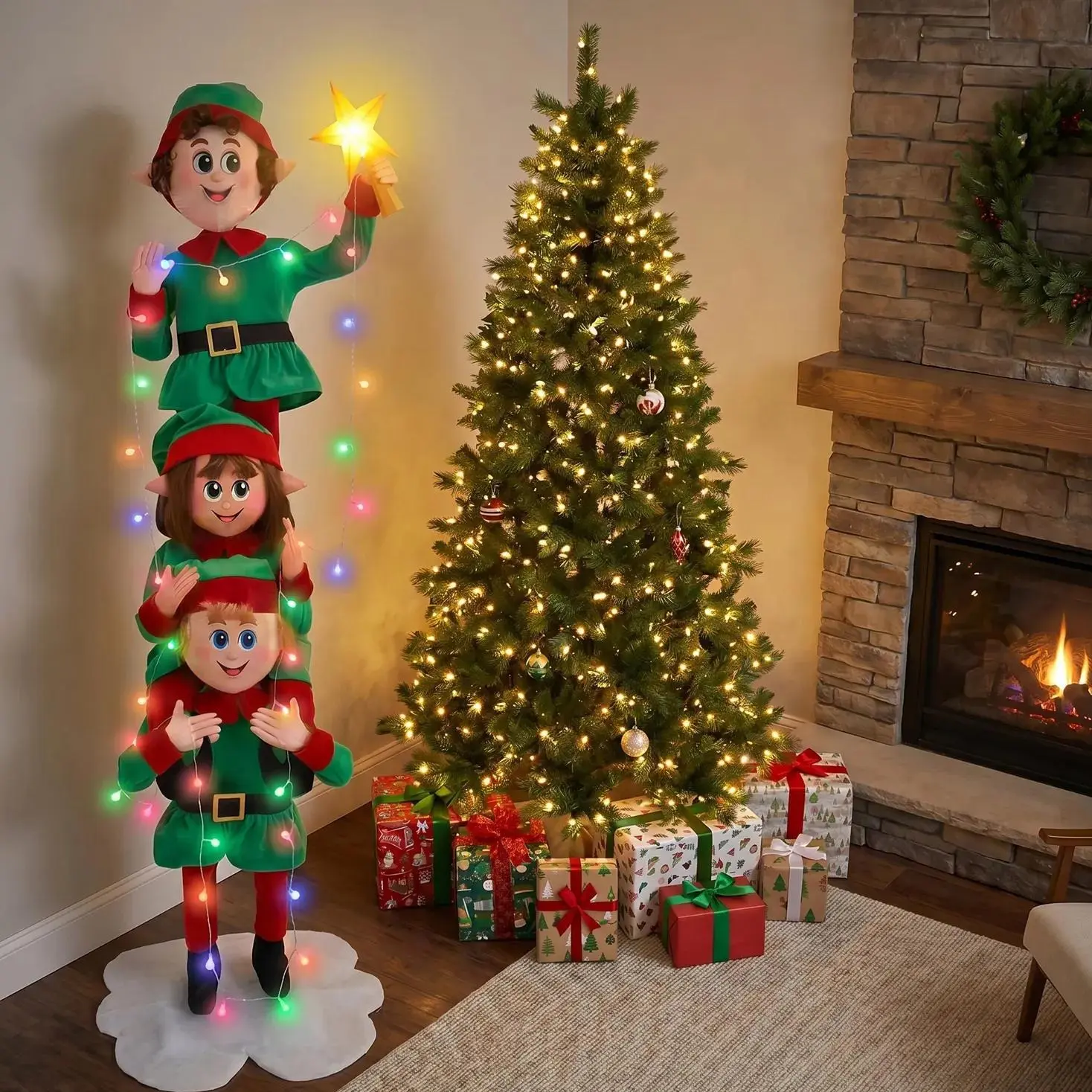 6 Ft Light-Up LED Stacked Christmas Elves with Sound, Holiday Decoration