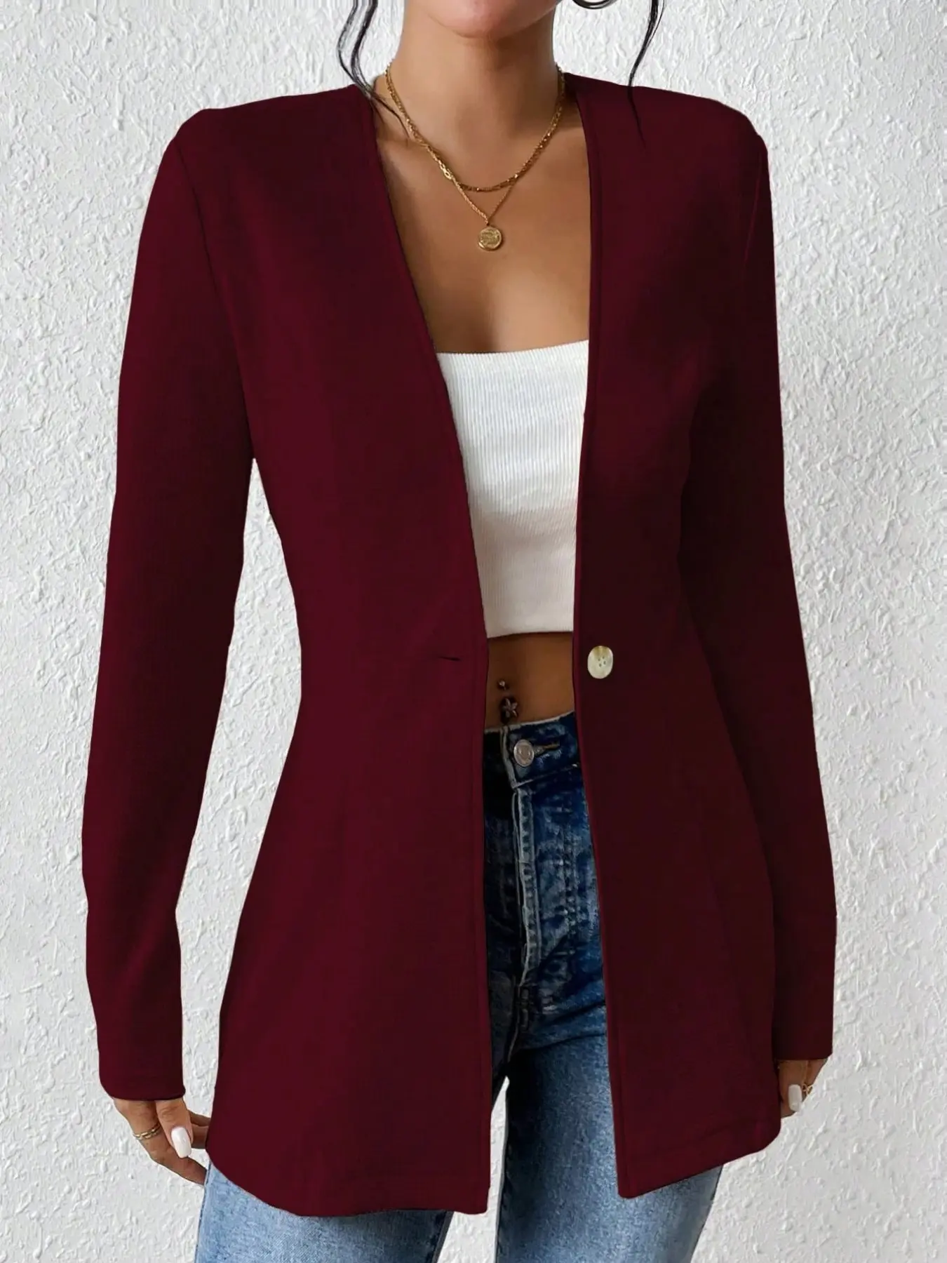 A pure color, single-button, V-neck, long-sleeved, waist-tightening fitted casual women's suit jacket Single Button Blazer is elegant, fashionable and versatile Trendy Blazer