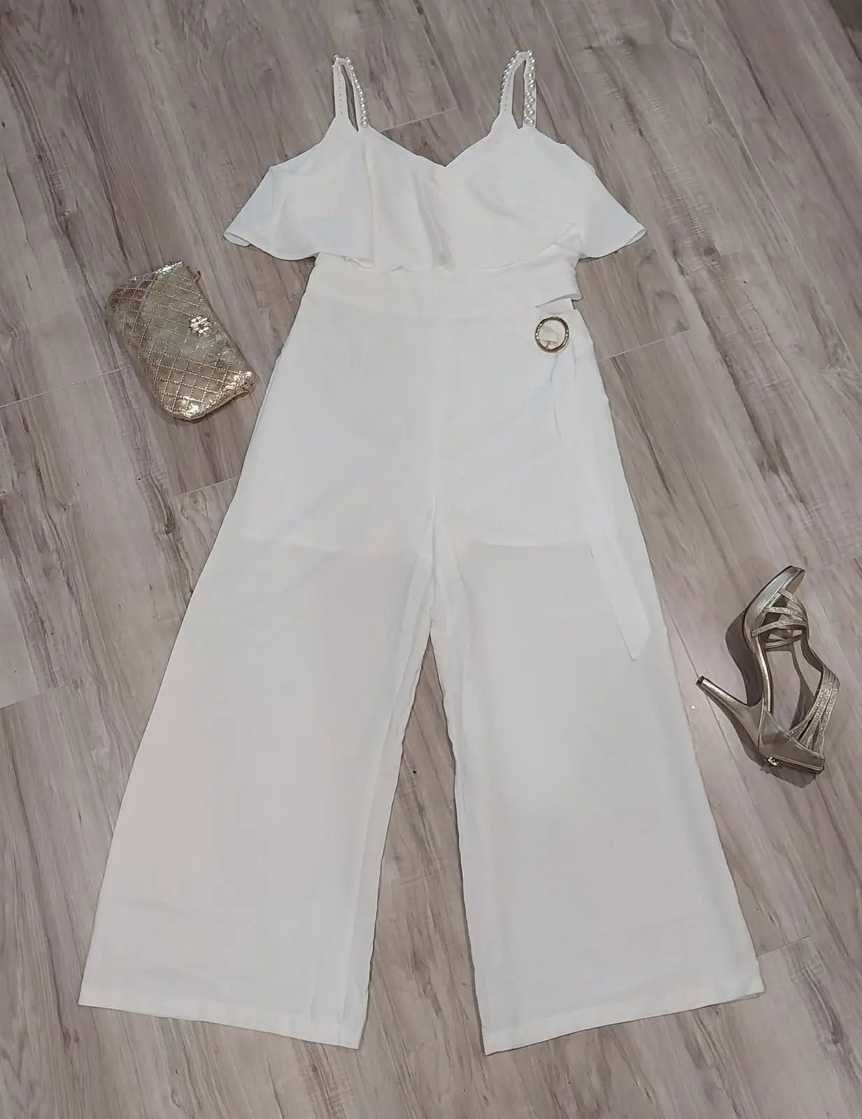 White Pearl-Strap Jumpsuit – Elegant One-Piece for Special Occasions