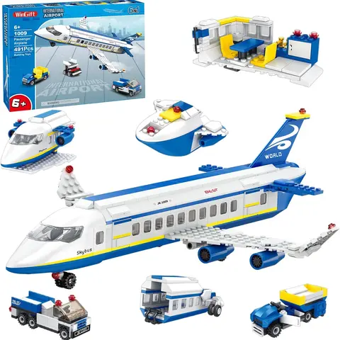 491 Piece City Passenger Airplane Building Set, 6 IN1 Airplane Bricks Toy-Airbus, Creative Building Projects with Shuttle Bus, Baggage Truck, Top STEM Toy for Boy and Girl Ages 6 7 8+