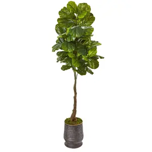 69” Real Touch Artificial Ficus Tree, Silk Decor Piece, Home Room Decor in Ribbed Metal Planter