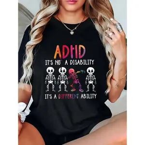 Women's Halloween ADHD T - Shirt, Rainbow Gradient Text & Dancing Colorful Skeleton Graphic, "It's Not A Disability It's A Different Ability" Quote, Casual Daily/Party Wear