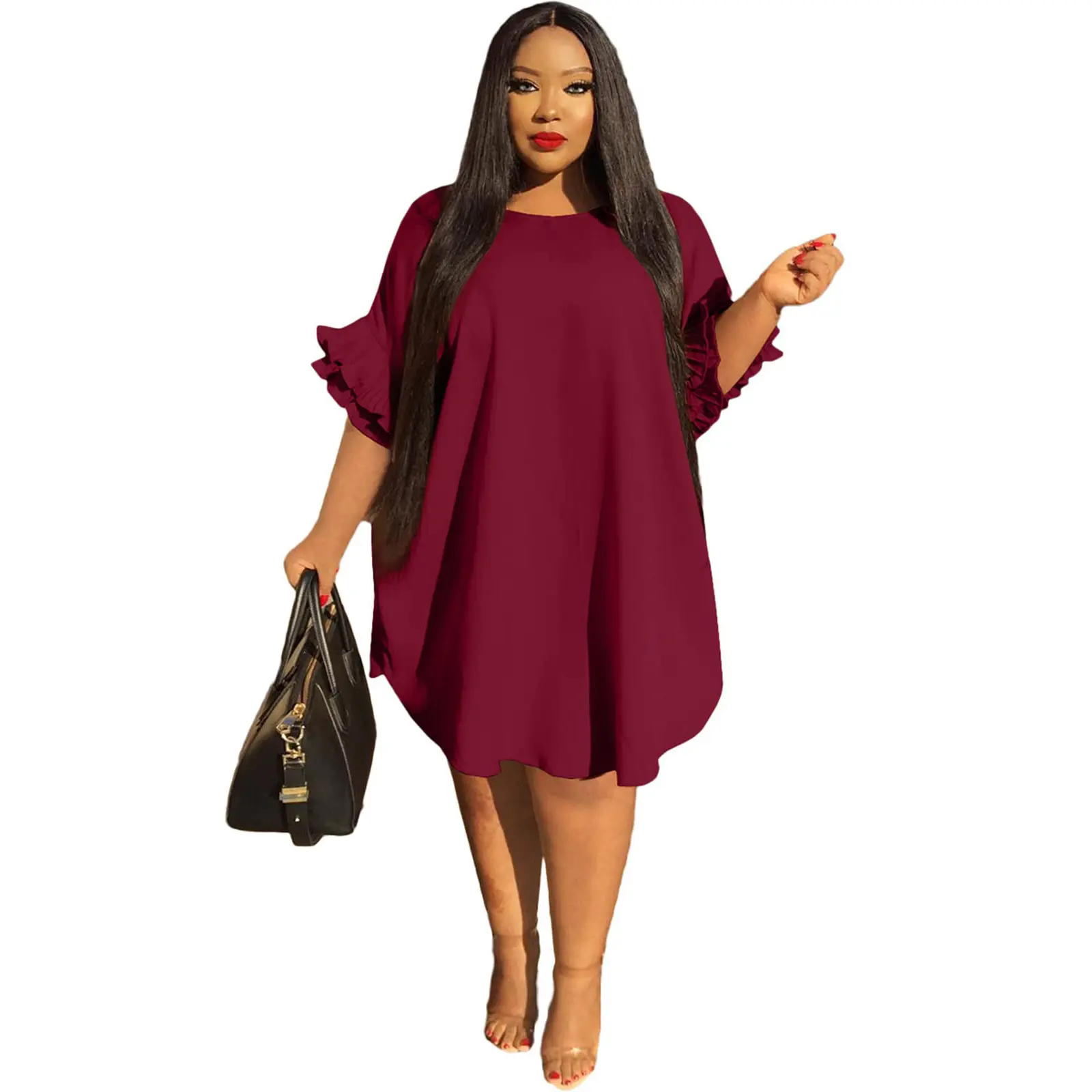 Women's Plus Size Polyester Casual Babydoll Dress - Short Ruffle Sleeve, Loose Knee-Length, Ruched Pleated Fabric, Scoop Neck, Anniversary Style, Ideal for Beach, Summer Party, Pleated Skirt, Loose Fit, 2Xl