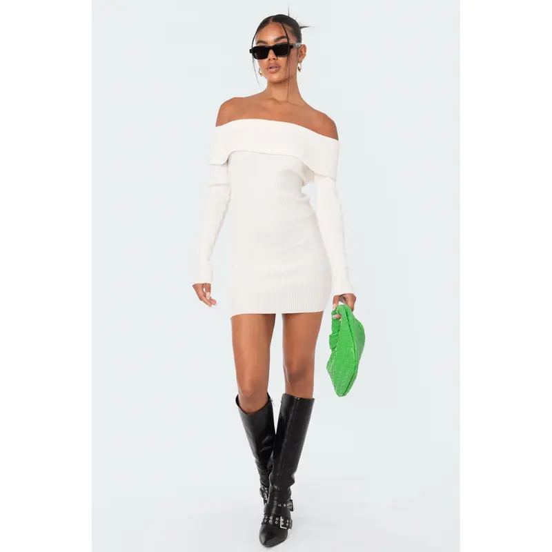 PETITE BOUCLE EXTREME FOLDOVER BARDOT KNITTED DRESs - TikTok Shop