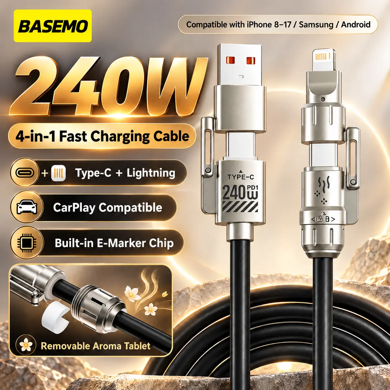 Basemo 240W 4-in-1 Fast Charging Cable with Fragrance Function – Multifunctional Type-C & Lightning Cable; Compatible with iPhone 8–17, Samsung, and Android Devices (Supports CarPlay)