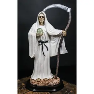 12.75" Tall Holy Death Santa Muerte Holding Scythe In White Tunic Robe Statue