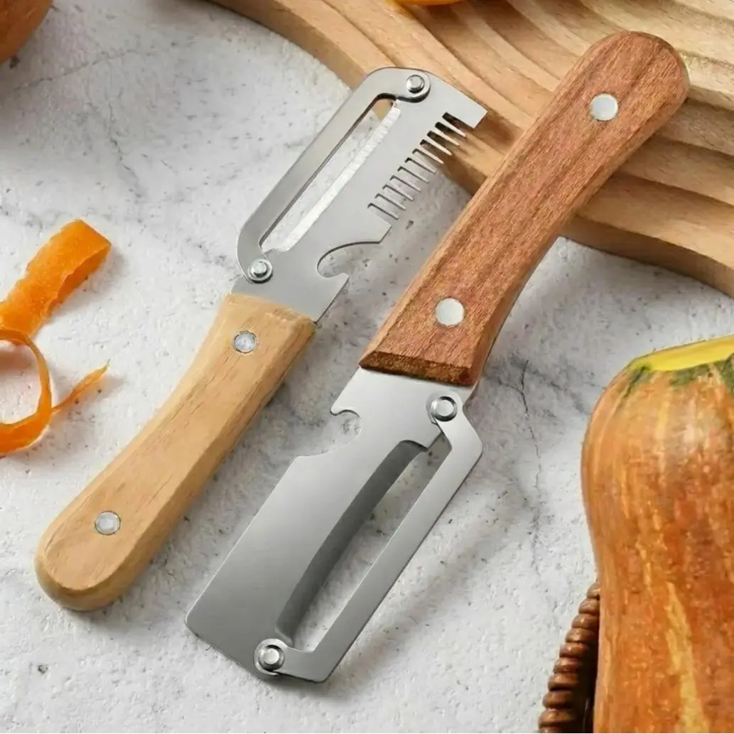 2 PCS Stainless Steel Sharp Peeler with Wooden Non-Slip Ergonomic Handle, Built-In Bottle Opener, Long-Lasting Construction for Fruits & Vegetables, Essential Kitchen Tool