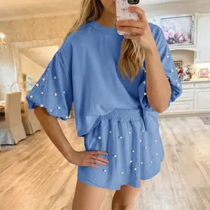 Fisoew Womens 2 Piece Pearl Decor Puff Sleeve Loungewear Set Oversized Short Sleeve Top Shorts Soft Knit Casual Set for Daily Wear Gamis Womenswear #SummerVibes