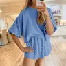 Fisoew Womens 2 Piece Pearl Decor Puff Sleeve Loungewear Set Oversized Short Sleeve Top Shorts Soft Knit Casual Set for Daily Wear Gamis Womenswear Women's Clothes SohoChic
