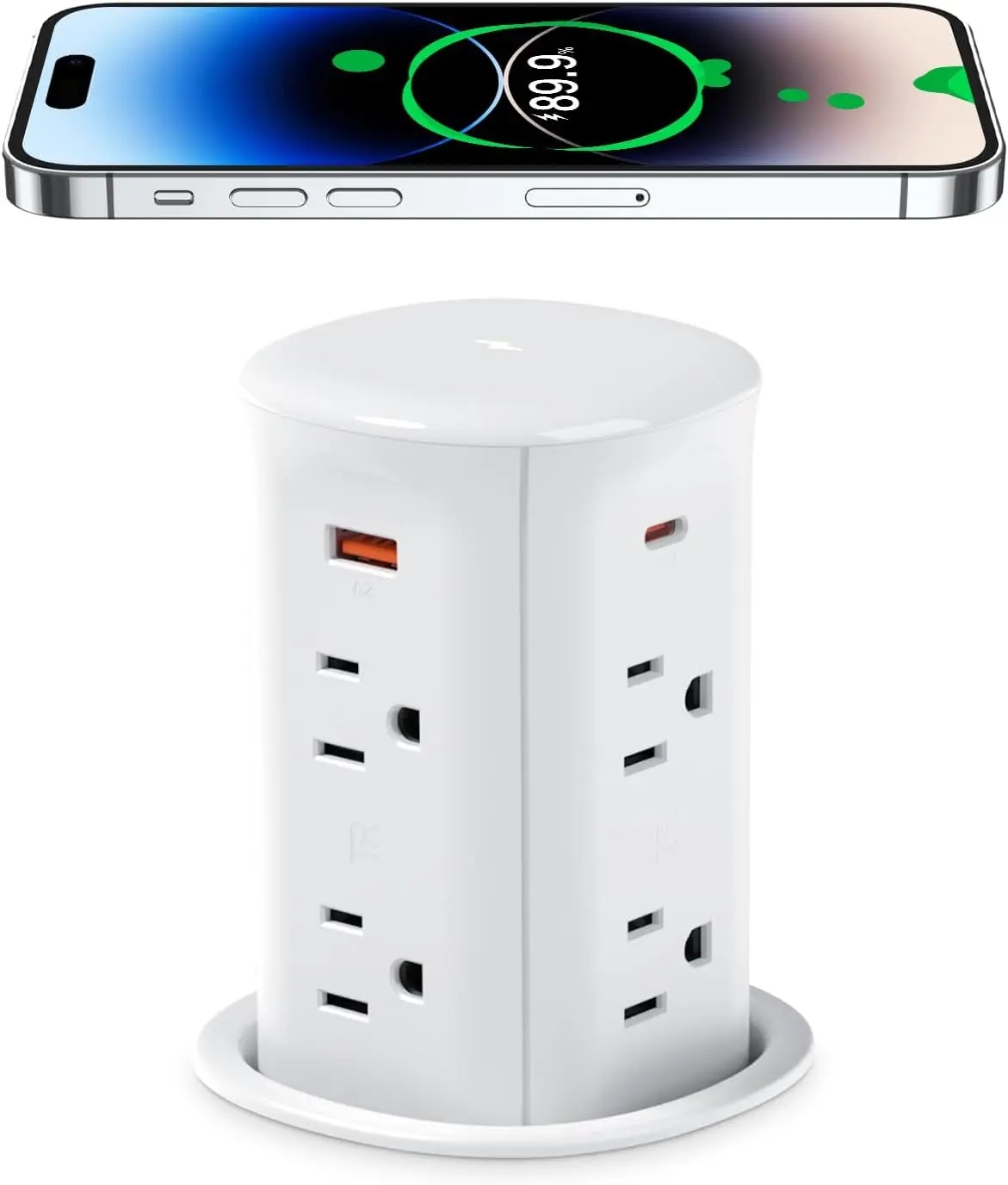3" Fully Retractable Mountable Pop Up Countertop Receptacle - 15W Charger, 4 USB Ports, 20W Max Power Delivery, 8 Grounded Outlets, 3.15in Hole, ETL Listed for Office, Commercial Use
