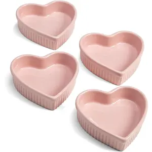 Heart Shaped Ramekin Set, Mini Ceramic Ramekins, Oven Safe Baking Dishes, Dishwasher Safe, Stoneware Made without PFOA, 4-Piece Set, Pink