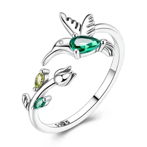 LAZA Hummingbird and Tulip Open Ring in Sterling Silver with Green Cubic Zirconia - Adjustable jewelry inspired by nature, the best gift for women, gardening enthusiasts