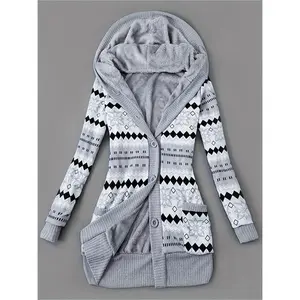 JuanWomen'S Warm Long Sleeve Padded Jacket - Mid-Length Knitted Hooded Cardigan with Pockets Fleece Lining, Suitable Spring Outdoor Warm Wear, Women'S Clothing