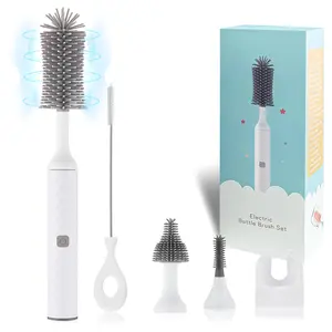 Electric Bottle Brush Set with Electric Bottle Brush and Silicone Bottle/Nipple Brush, Long Straw Cleaner, Rechargeable Bottle Cleaner Electric,Waterproof Water Bottle Cleaner,White