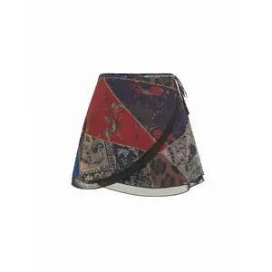 Cider Chiffon Low Rise Aztec Asymmetrical Knotted A-line Mini Skirt