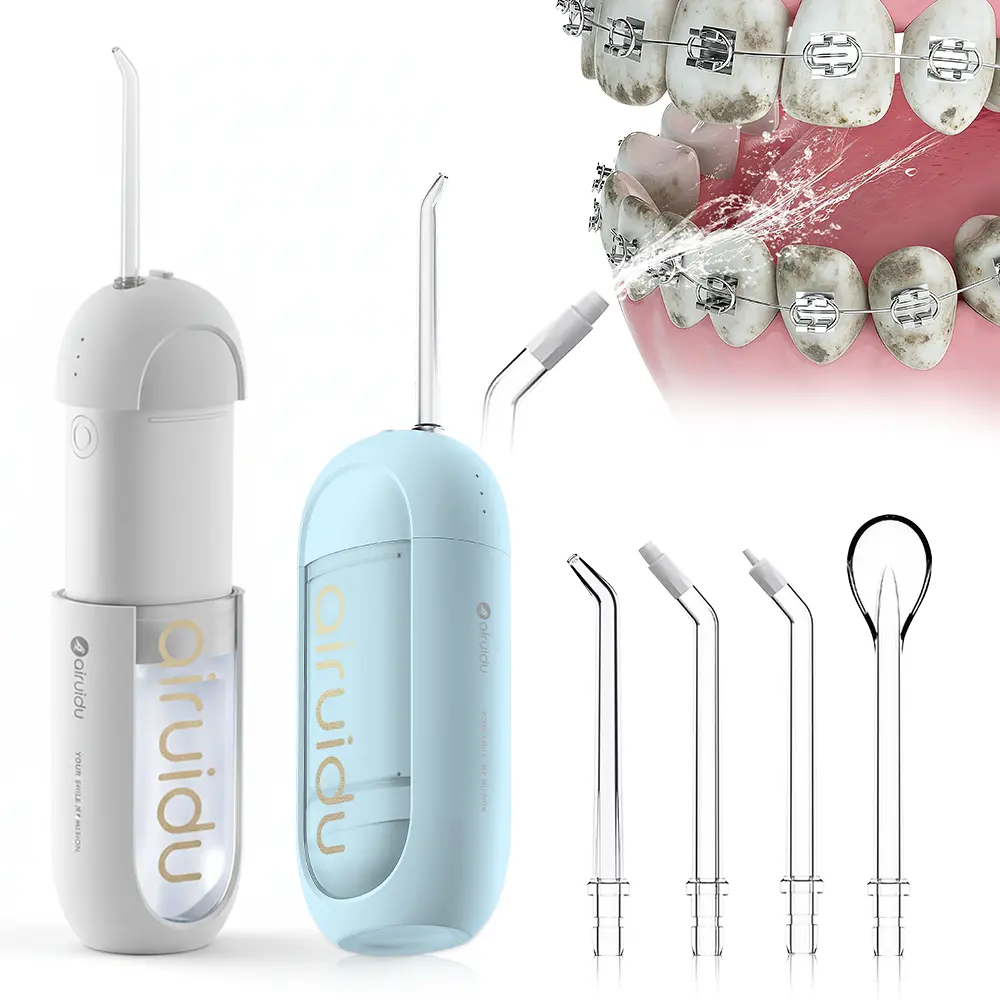 Airuidu CF560 Cordless Battery-Powered Water Flosser Oral Irrigator - Capsule Design, Sensitive Teeth Friendly, 4 Replaceable Nozzles, 3 Cleaning Modes, IPX7 Waterproof, for Orthodontic Patients, Home & Travel Use, Cavity Prevention Flosser