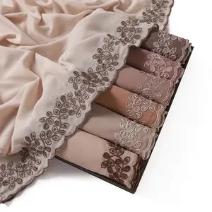 Muslim Women Pearl Chiffon Vine Embroidered Wave Edge Hijab Shawl