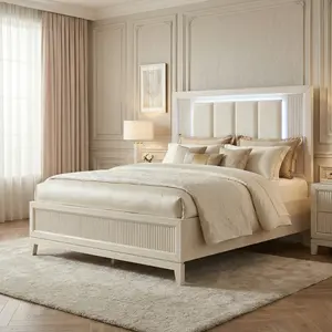 Savona Transitional LED Panel Bed in Antique White with Fluted Accents and Upholstered Headboard