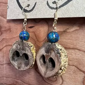 Gold Leaf Black Walnut Shell Earrings with Blue Bead Handmade