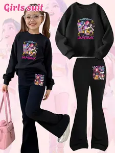 Girls Kpop Demon Hunters Cartoon Print Hoodie & Bell Bottoms Set, Fall Winter Fashion, Comfortable Casual Kids Clothing, Christmas Gift