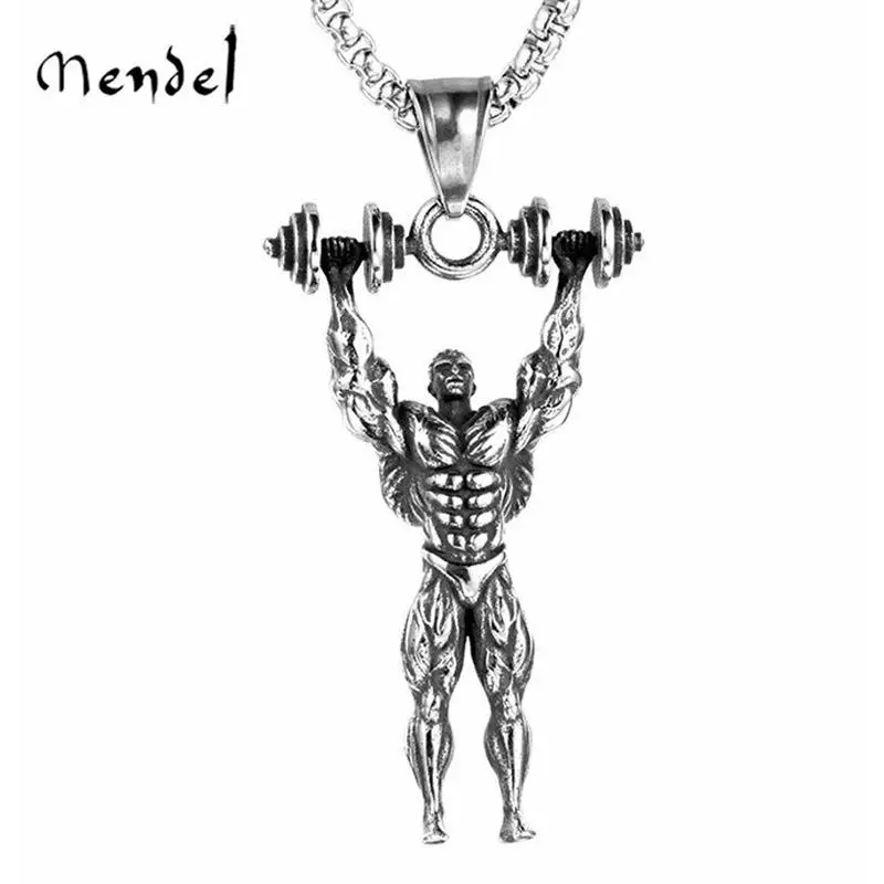 Gym Barbell Dumbbell Bodybuilding Necklace Pendant Stainless Steel
