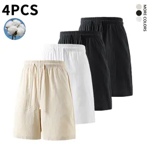 4-Pack Pure Cotton Linen-Feel Shorts, Knee-Length with Tie, Comfortable & Breathable Loose Fit for Travel, Versatile Casual Pants