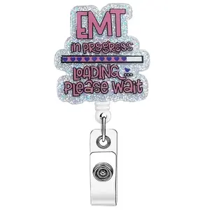 1pc Badge Scroll, Badge Reel - EMT Exclusive Acrylic ID Badge Scroll, with glitter 'Loading' creative design, showcases professionalism and personality as ID badge holder in emergency medical workplaces, an accessory for EMT
