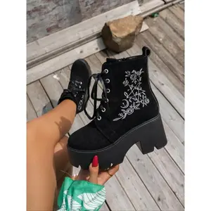 Women’s thick-soled embroidered short boots, matte PU leather, punk rock style, unique fashion for dark vibes, daily wear, casual ankle boots