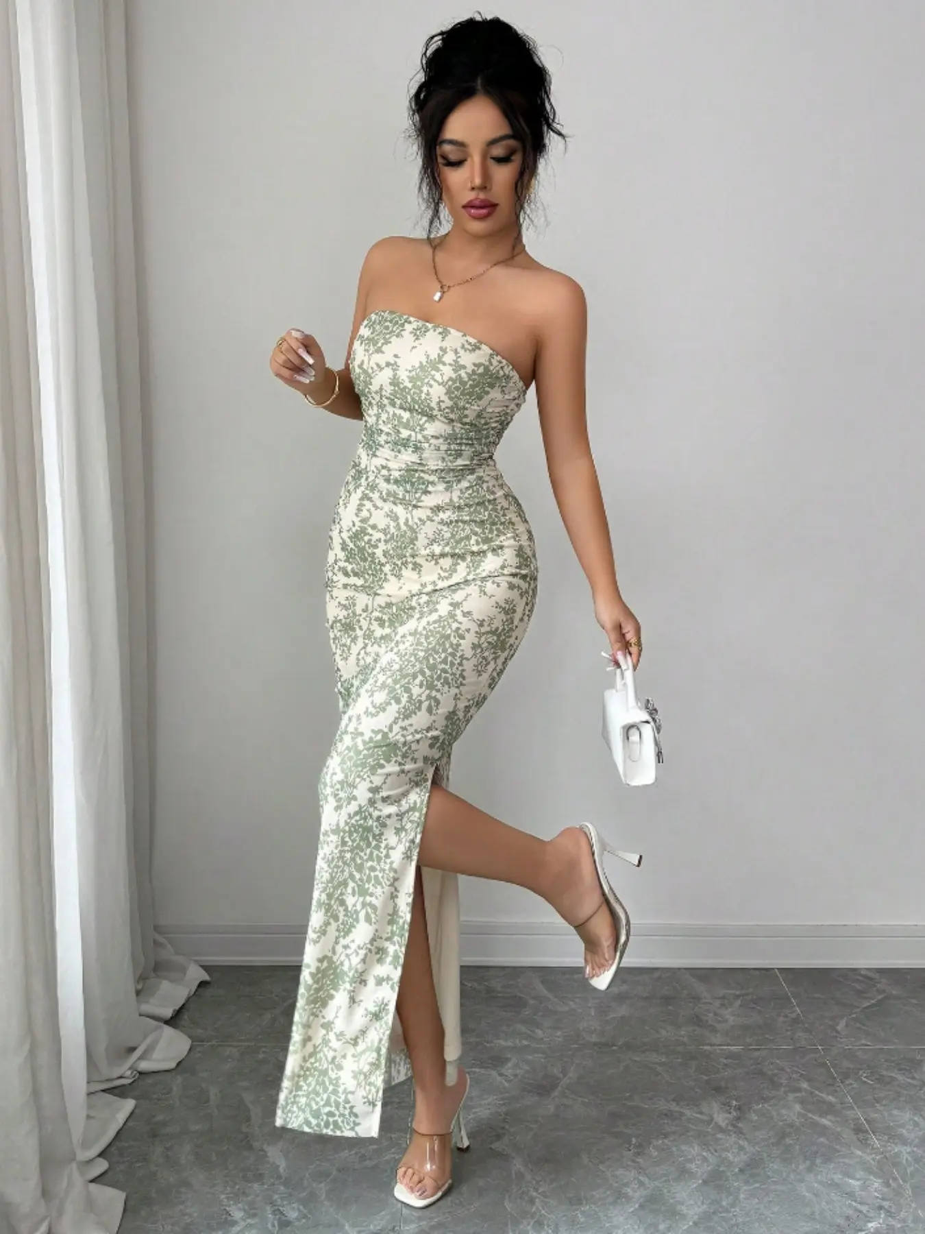 TikTok Viral Strapless Floral Print Bodycon Maxi Dress, Elegant Ruched Side Slit Tube Top Formal Party Evening Gown, Wedding Guest Cocktail Vacation Long Dress