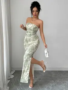 TikTok Viral Strapless Floral Print Bodycon Maxi Dress, Elegant Ruched Side Slit Tube Top Formal Party Evening Gown, Wedding Guest Cocktail Vacation Long Dress