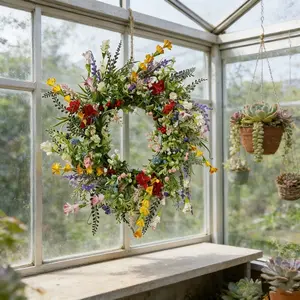 Rustic Wildflower Wreath, Vibrant Mixed Flowers, Berries and Leaves, All-Season Decor, Perfect for Farmhouse Porch and Entrance