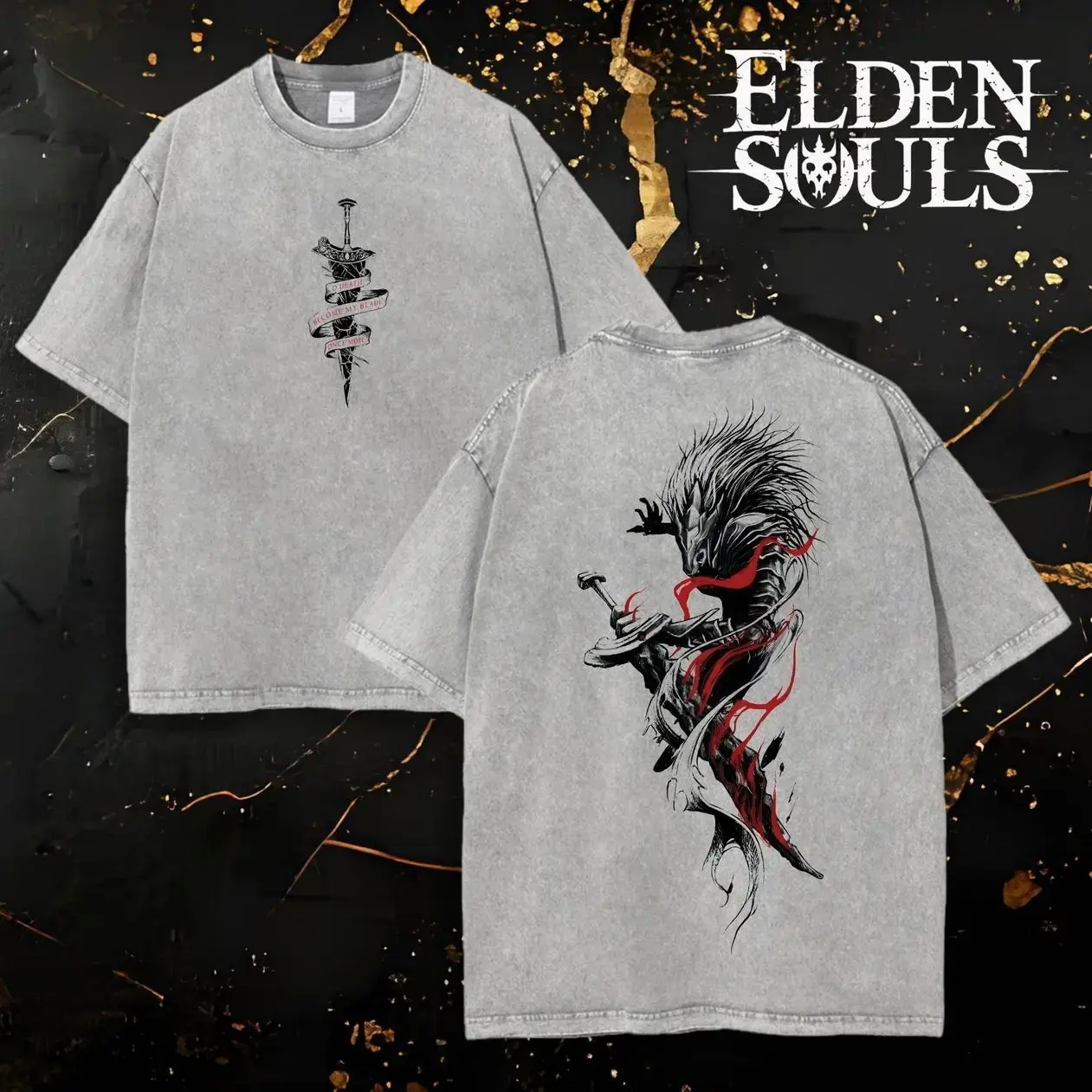 Men's Soft Oversized Seamless Cotton Short Sleeve Round Neck Tshirt Top - Elden Ring "Become My Blade" Maliketh Retro Limited Vintage Washed Print Tee, Gaming Apparel, Birthday Gift for Soulsborne Fans LM9, Streetwear, Stylish, Fabric, Relaxed, T-Shirt, M