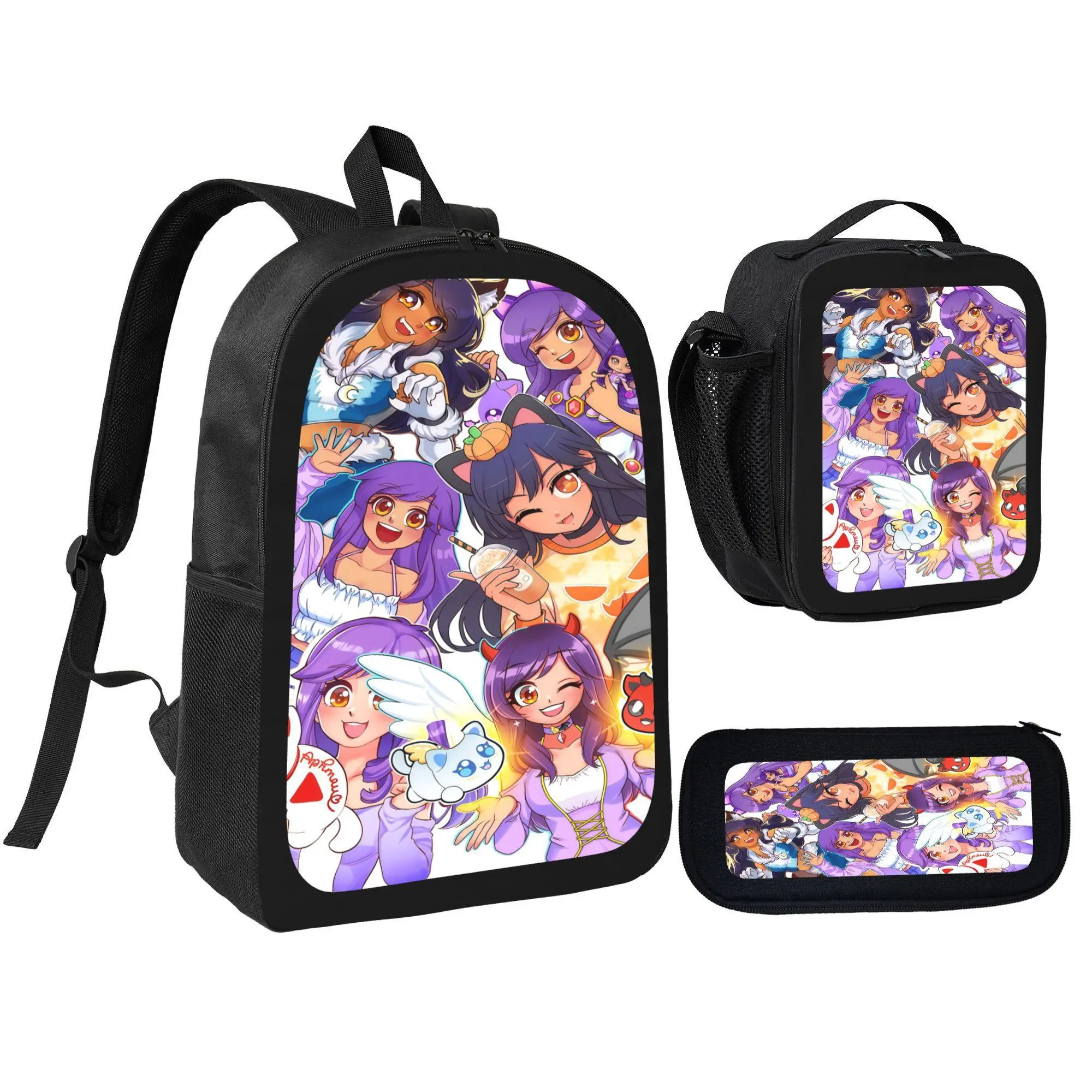 Aphmau 3‑in‑1 Backpack Set, Cartoon Print School Backpack with Pencil Case and Insulated Lunch Bag for Kids Teens Back to School Daily Use