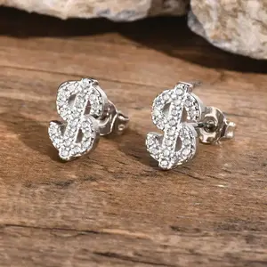 Dollar Sign Stud Earrings for Men Boys,Iced Out Zircon Stainless Steel Earrings,Hip Hop Rap Cool Jewelry Gifts