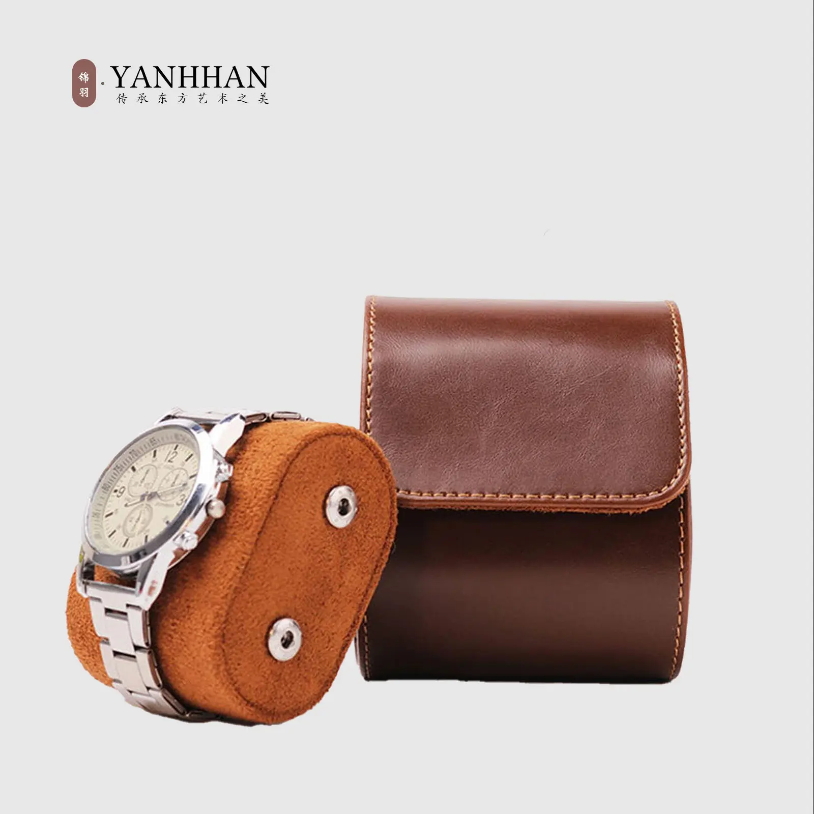 YANHHAN Premium Smooth Brown Leather Single Watch Roll Travel Box - Gift-Ready Home Organizer with Soft Pillow, Durable Removable Compartments, Detachable Buttons, Unique Design for Jewelry (Anniversary, Birthday)