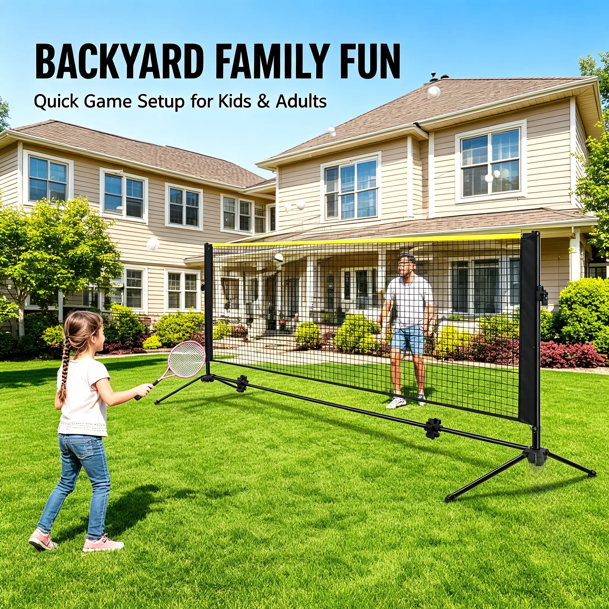 14FT Adjustable Multi-Sport Net Set with Poles & Carry Bag, Portable Foldable Badminton Pickleball Net, 3FT-5.1FT Height for Junior Tennis Volleyball, Ideal for Kids Backyard Indoor Games pickle ball