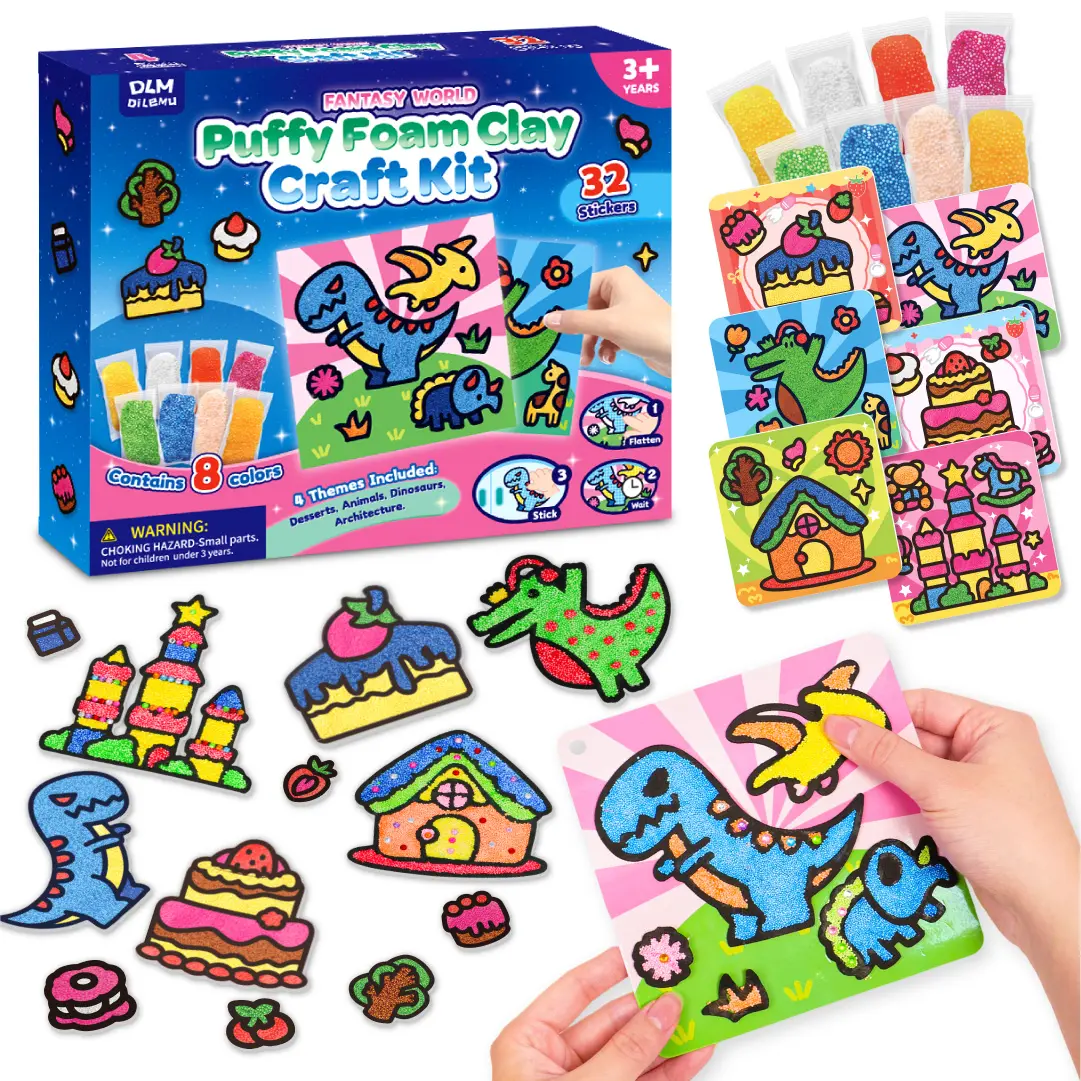 DLMdilemu Puffy Foam Clay Craft Kit for Kids, 8-Color Foam Clay Art Set with 6 DIY Theme Cards, Stickers & Accessories, Creative Sensory Toy for Boys & Girls Ages 3+