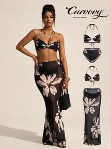 Curvvvy Swim 2026 Women’s Mono Floral 3 piece Bikini Set with Slip Maxi Skirt, Push Up Top High Waisted Bottom with Skirt Cover Up Summer Vacation Swimwear for Women