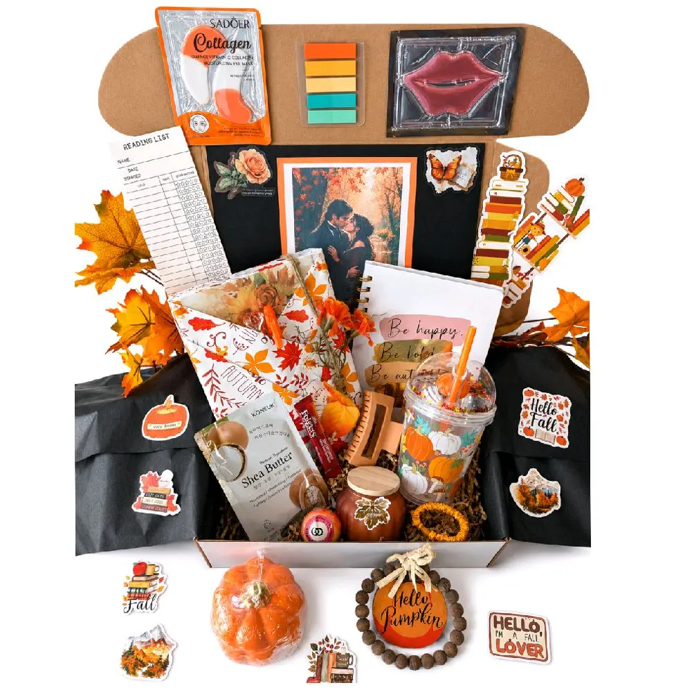 Cozy Fall Blind Date with a Book Box, Hand Decorated and wrapped fall gift box for book lovers, includes wrapped book, fall candle, fall ornament, ceramic pumpkin container, fall metal leaf bookmark, face mask, eye mask, lip mask, stickers, pen, and more