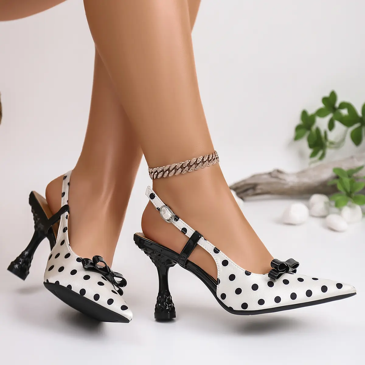 Women's Pointed Toe Pumps, White Polka Dot Slingback Shoe with a Sculpted Heel and Black Bow, Footwear