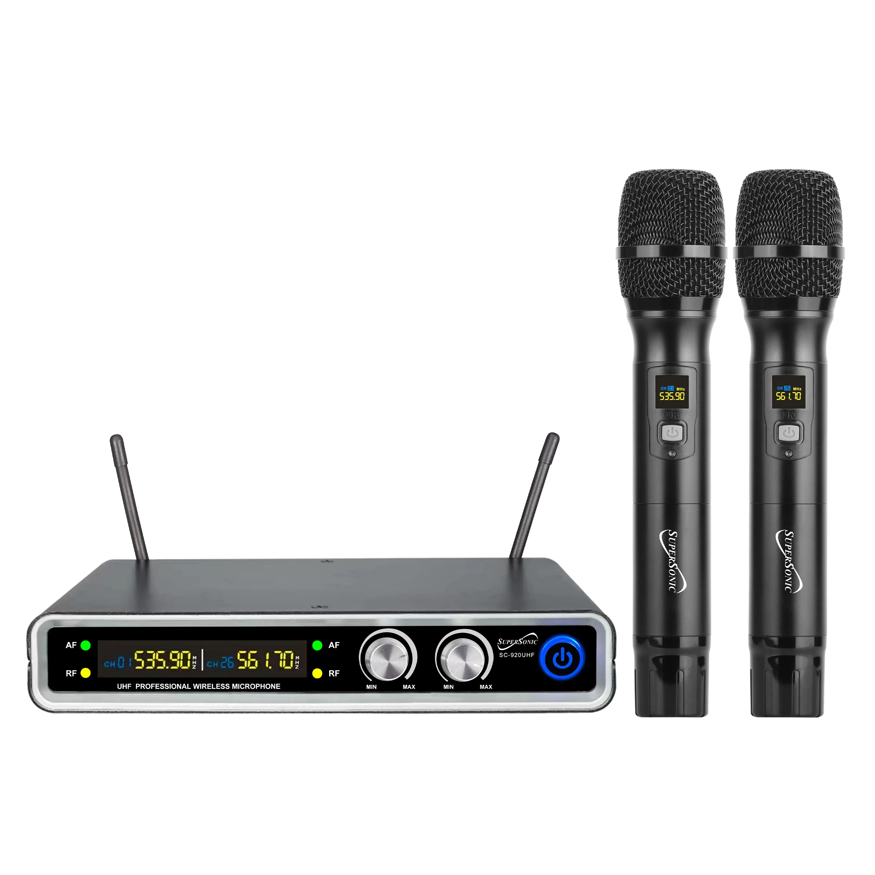 Supersonic SC-920UHF UHF Dual FIixed Channel Wireless Microphone Systems with Dual Handheld Transmitters, LED Status Indicator