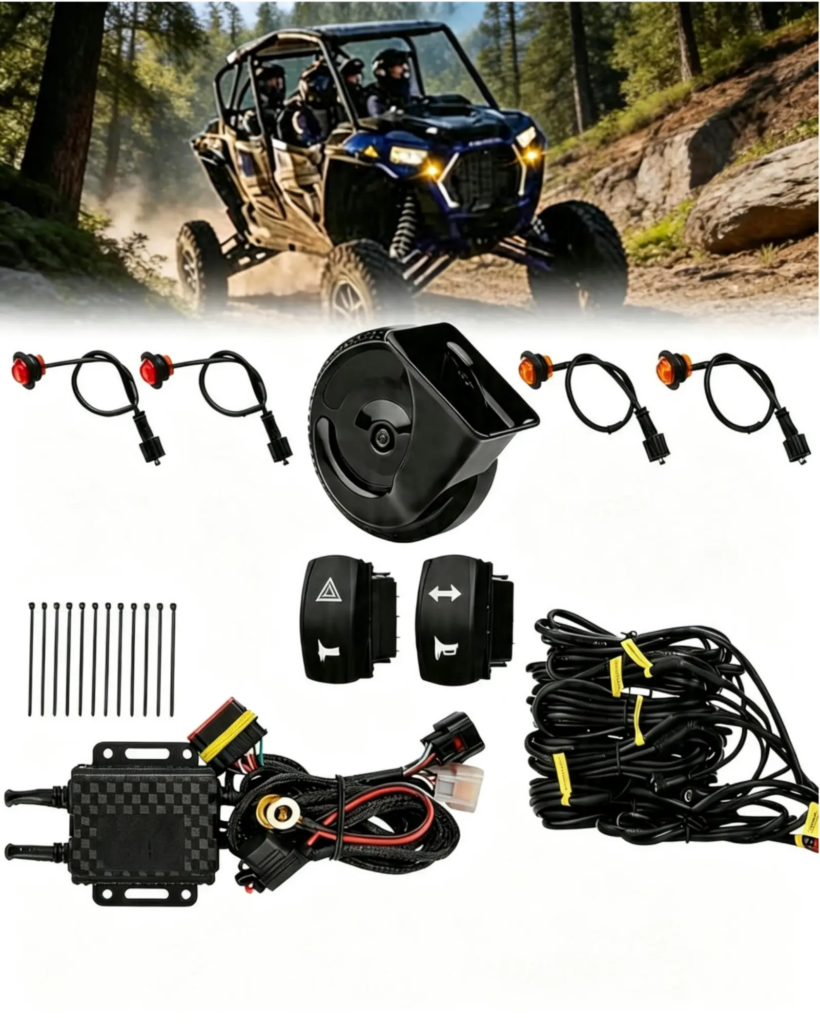 YCHOW-TECH Street Legal UTV Turn Signal Kit - Pre-Wired Plug & Play with 110D Horn, Rocker Switch, Hazard Light, Blinker Lights, Nylon Cable, Easy Installation, Universal for Polaris RZR, Can-Am, Polaris Ranger