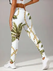 1pc Women's High-Waisted Printed Yoga Pants, Skin-Friendly Wide-Leggings, Athleisure Fitness Leggings, Abdominal Control & Butt Lifting, Sporty All-Season Wear