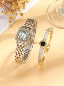 Elegant Women's Quartz Watch Set, Roman Numerals Diamond-Encrusted, Mother-Of-Pearl Bracelet, Luxurious Daily Accessory, Daily Styling
