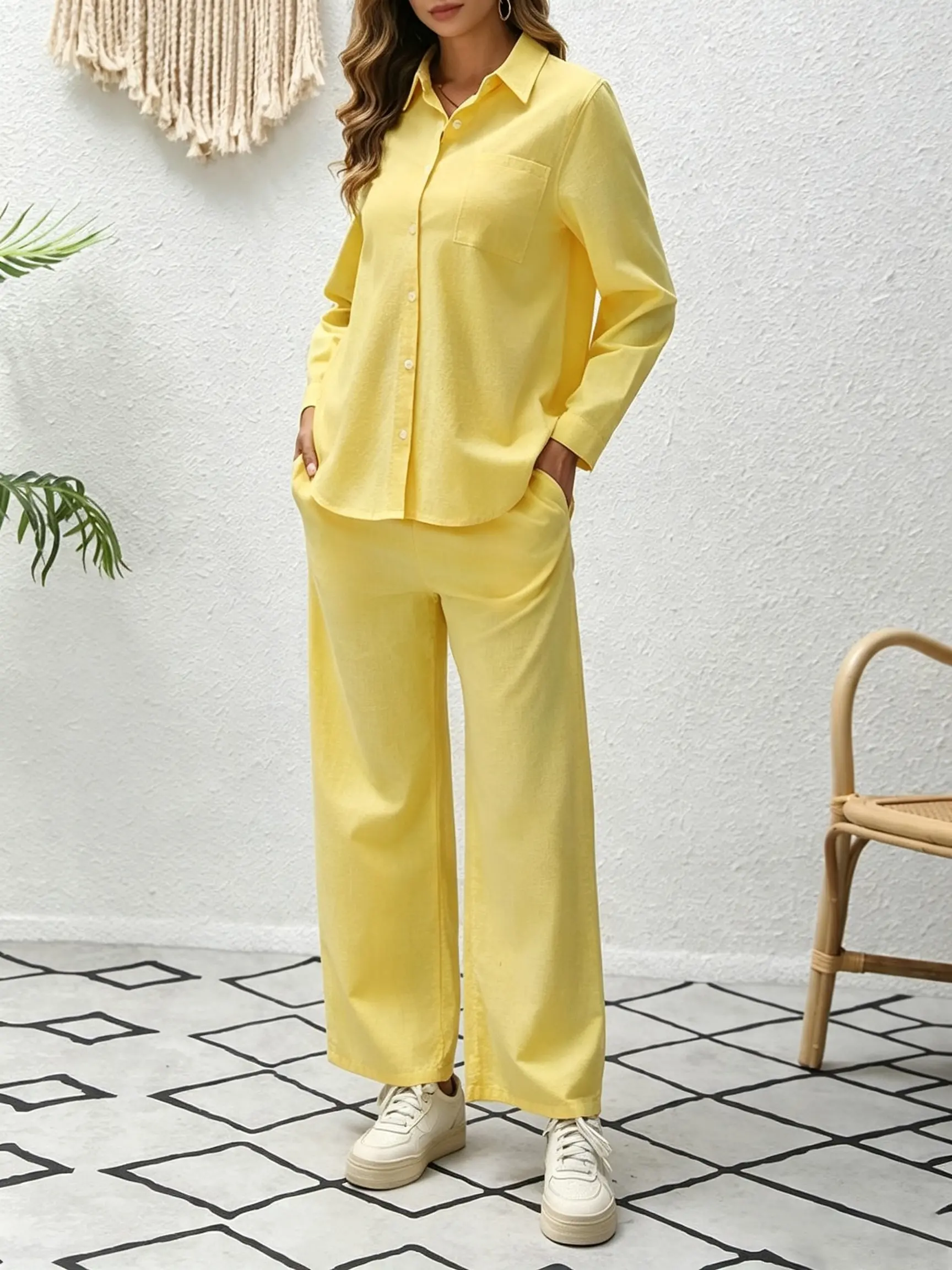 QKU Women's 2-Piece Cotton Casual Suit Set - Lady's Long Sleeve Button-Up Cardigan, Comfortable Fitted Casual Pants, Everyday Clothes, Fall Loungeset (2-Piece Sets for Women), Style