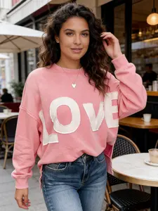 Women's Pink LOVE Sequin Oversized Cotton-Polyester Knit Round Neck Long Sleeve Sweatshirt - Soft Loose Flattering Fit, Cute Casual Spring Style Streetwear, 2026 Easter Gift Lounge Wear (Fabric-Focused Design)